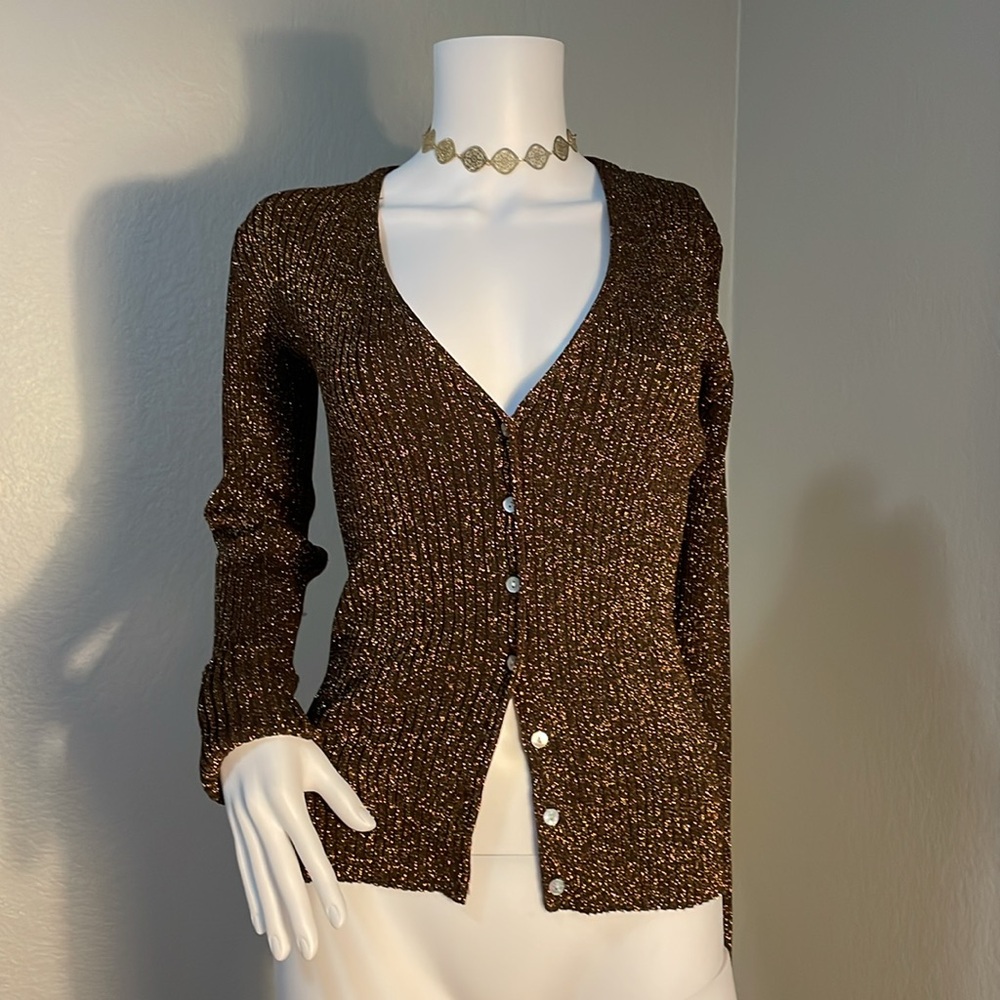True vintage Joseph A cardigan, chocolate brown and gold with abalone buttons